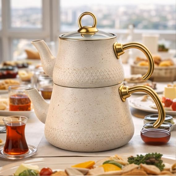 Beyaz Emaye Çaydanlık Seti, Granit Görünümlü Altın Detaylı Çaydanlık, Isıya Dayanıklı Demlik Takımı, Modern Şık Çaydanlık Seti