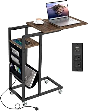 Giantex C Shaped End Table with Charging Station, 27H Slide Under Couch Side Table w/Wheels, Outlets & USB Ports, Storage Bag, Small Laptop Sofa TV Tray C Table for Living Room, Rustic Brown