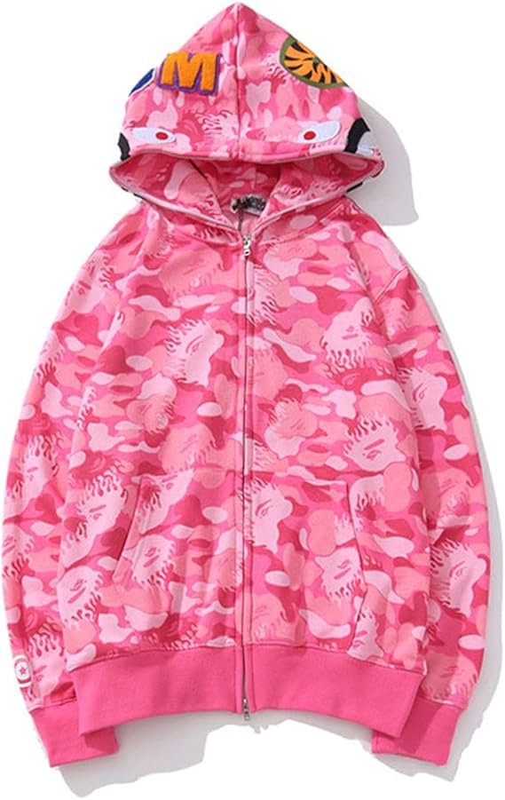 Bape Hoodie Shark Camo Bathing Ape Pink Jacket Couples Sweatshirts Full Zip Up Fashion Hip-Hop Street Wear Unisex For Men Women Boys And Girls