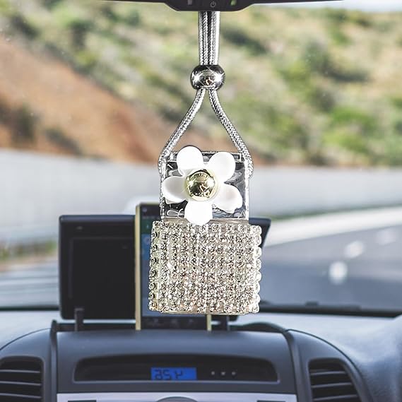 Hanging Car Accessories Charm, Bling Auto Rear View Mirror Pendant, Cars Aromatherapy Fragrance Perfume Pendant Bottle, Car Decorations for Women Men Presents (Silver)