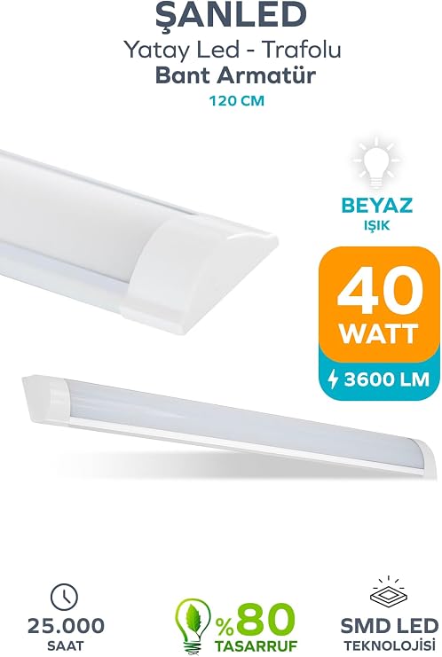 120 Cm 40 Watt Yatay Led Bant Armatür-Trafolu Beyaz ışık-1-2-4-5-8-10-20-40 ADETTİR (BEYAZ-1 ADET) [Enerji Sınıfı F]