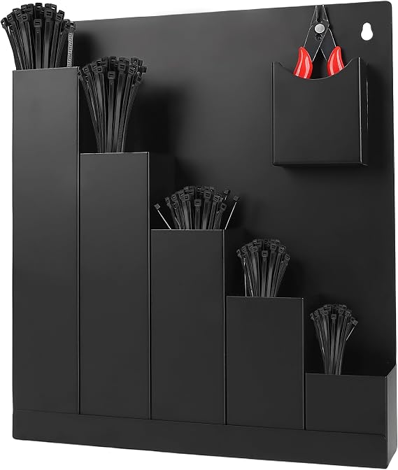 Cable Zip Tie Organizer, Wall Mount Zip Tie Holder, Including 250Pcs Black Zip Ties Assorted Sizes (4+6+8+12+14) and 1 Zip Tie Cutter
