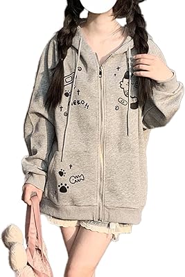 Lunoakvo Women Cute Embroidery Hoodies Y2K Zipper Hooded Kawaii Cartoon Cat Ears Harajuku Loose Sweatshirt Jackets