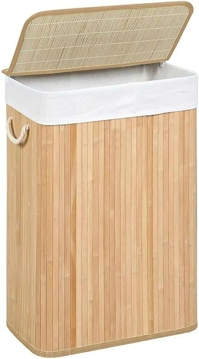 Orret Home Natural Bamboo Foldable Dirty Laundry Basket, Washable Removable Lining Bag, Stylish and Durable Laundry Basket with Saddle Look, With Lid and Ergonomic Design (Rectangular)