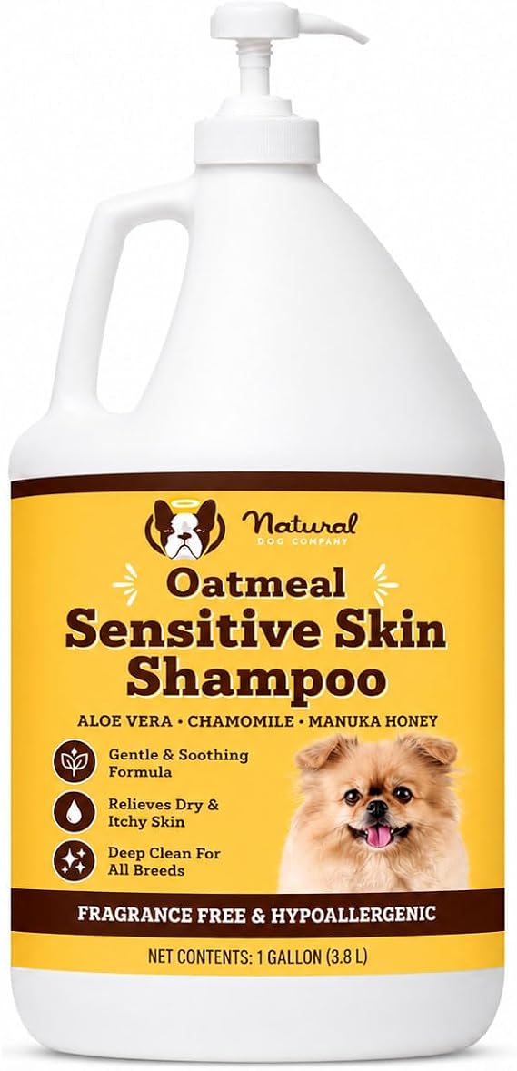 Natural Dog Company Sensitive Skin Dog Shampoo Gallon Hypoallergenic Oatmeal Shampoo for Dogs, Professional Groomer & Multi-Pet Dog Wash with Aloe Vera & Manuka Honey, Odor Control, 128 oz