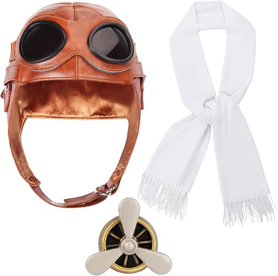 Kyson Aviator Costume 4Pcs 1920s Vintage Aviator Hat With Goggles White Scarf Brooch for Halloween Aviation Pilot Theme Party