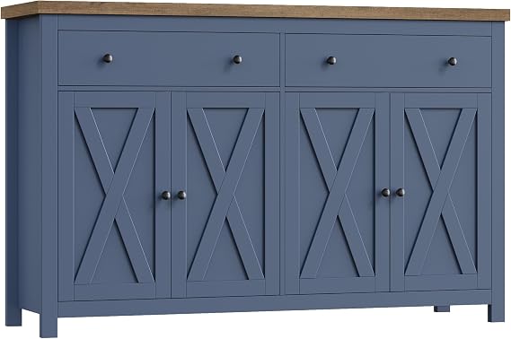 FOTOSOK Sideboard Buffet Cabinet with Storage, 55" Large Kitchen Storage Cabinet with 2 Drawers and 4 Doors, Wood Coffee Bar Buffet Table Console Table for Kitchen Dining Room, Blue
