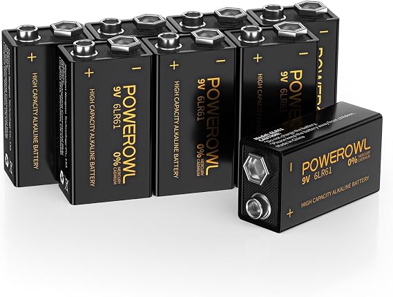 POWEROWL High Capacity 9V Batteries 8 Pack, Alkaline 9 Volt Battery 6LR61 for Smoke Detector Fire Alarm and More Devices