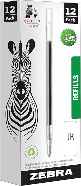 Zebra Pen Refill - Compatible with Zebra G750, G301, G450 - Stainless Steel Gel Ink Pen Jk Refill, 0.7mm Medium Point, Black Ink - 12 Count
