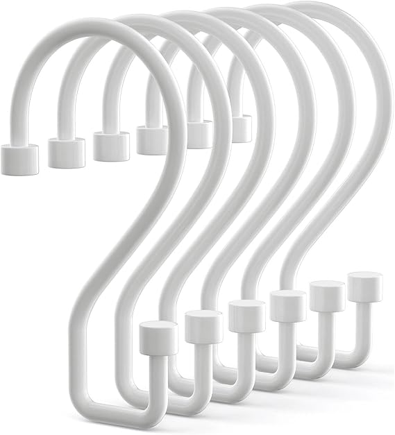 Goowin Shower Curtain Hooks, 12 Pcs S Shape Shower Curtain Rings, Rustproof Shower Curtain Hangers, Multi-Functional Shower Hooks for Shower Curtain, Kitchen Utensils, Clothing, Towels, White