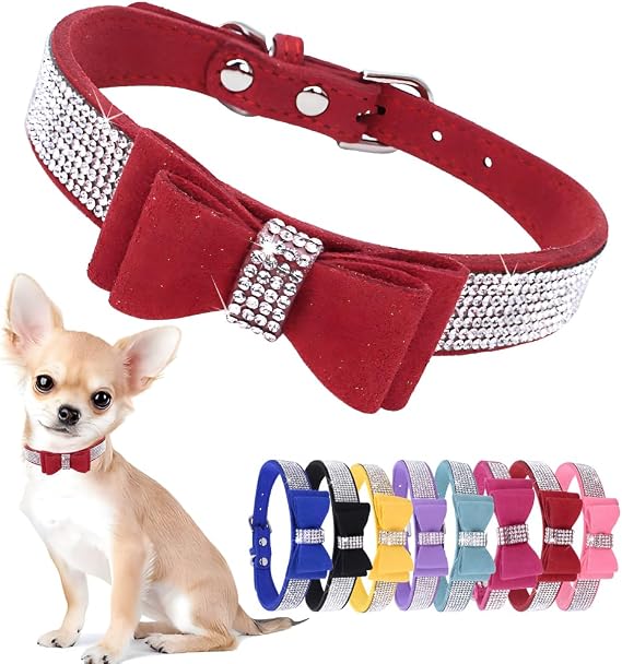 Hotlion Bow Tie Rhinestone Dog Collar Cute Sparkling Crystal Diamond Puppy Kitten Pet Cat Collar for Small Dogs Boys Girls Red S