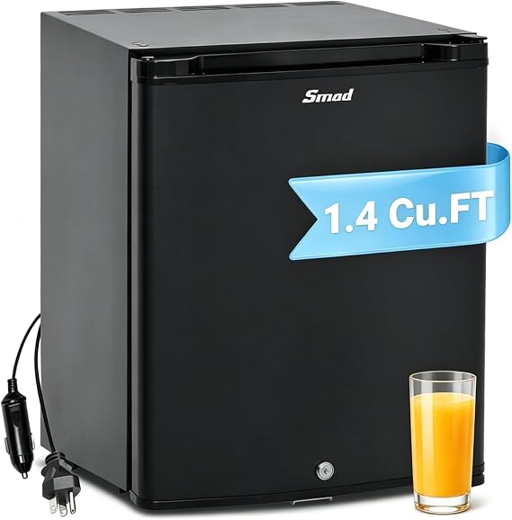 Smad Mini Fridge with Lock, 12V Refrigerator for RV Truck Camping Bedroom Dorm, 110V AC/DC Small Refrigerators 1.4 cu.ft, Black, Quiet No Noise