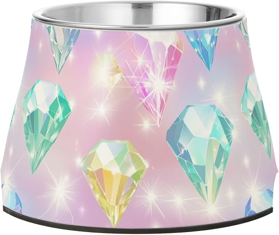 Cartoon Diamonds Twinkle Light Color Bowl for Pets Elevated Stainless Steel Metal Pets Bowls for Dogs Cats Rabbits Birds Slow Down Eating