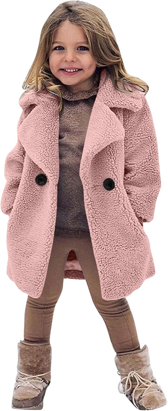 Kids Girls Winter Fashion Cool Jacket Khaki Fleece Buttons Warm Coat with Pockets 1-6 Years