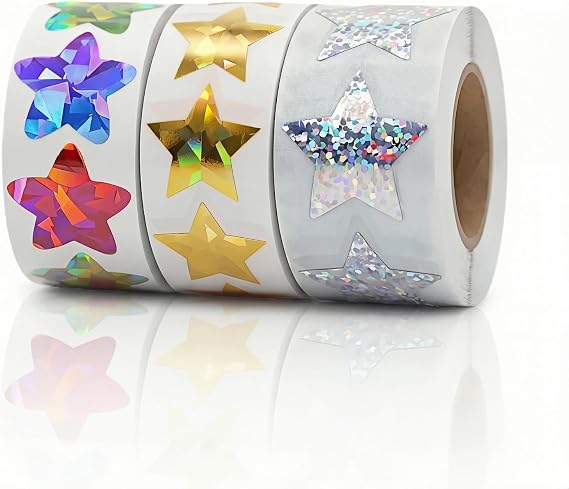 1500pcs Holographic Gold Star Stickers, 3 Multi-Color Rolls