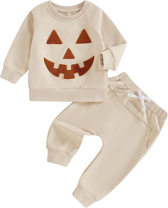 Toddler Baby Boy Halloween Outfits Cute Pumpkin Sweatshirt Top and Pant Set Infant Long Sleeve Clothes Apricot Pumpkin (Beige Ghost Face, 3-4T)