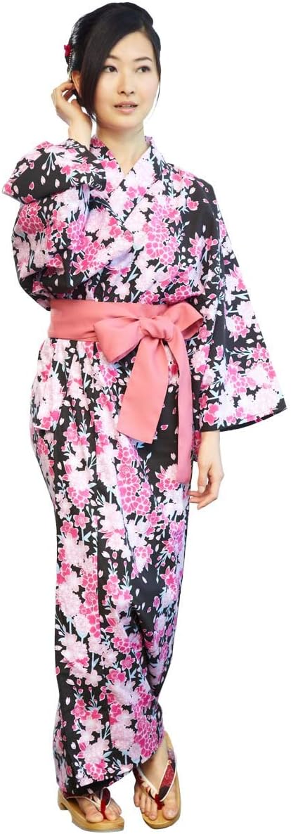YUKATA women with wide sash belt. made in Japan. japanese robe Midori Yukata Kimono Black Cherry Blossoms/