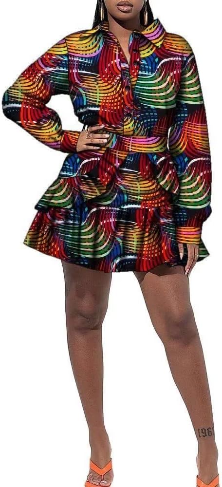 African Print Shirt Dress Women Long Sleeve Mini Dress Traditional Floral Print V Neck Ankara Dress