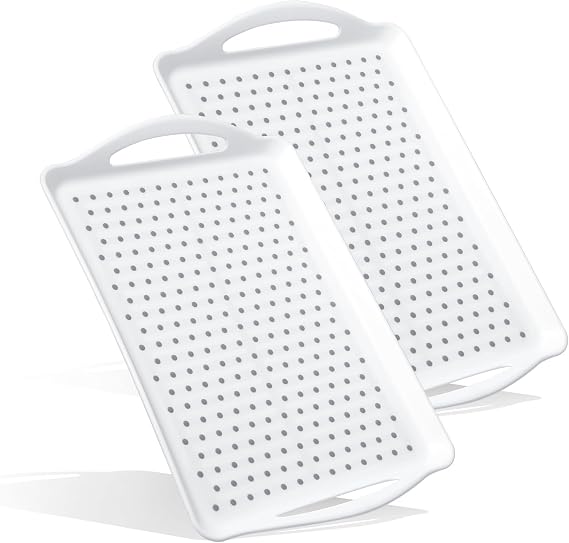 2 Pcs Large Rectangular Non Slip Serving Tray with Handles, Silicone Gripping Nubs Lap Food Trays for Eating, Dishwasher Safe Serve for Dinner Snack Fruit Dessert Beverage, Rectangular(White)