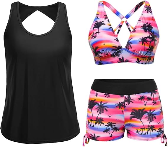Yonique 3 Piece Tankini Swimsuits for Women Swim Tank Top Bathing Suits with Boy Shorts and Bra Athletic Swimwear