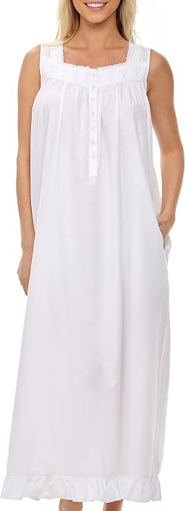 Alexander Del Rossa Cotton Nightgowns for Women, Sleeveless Button Up Long Vintage Night Dress Gown