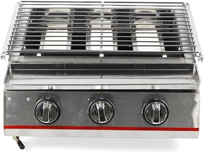 3 Burners Gas BBQ Grill Tabletop Barbecue Grill Sear Stainless Steel Portable Stove Stainless Steel Tabletop Barbecue Grill with Outdoor Cover Independent Switch for Garden Courtyard Terrace