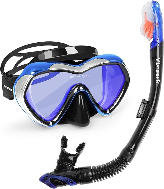Snorkeling Gear for Adults Anti-Fog Panoramic Snorkel Mask Set with Dry Top Snorkel, Food-Grade Silicone, Leak-Proof Design, Adjustable Strap, Mesh Bag Ideal for Scuba Diving & Swimming