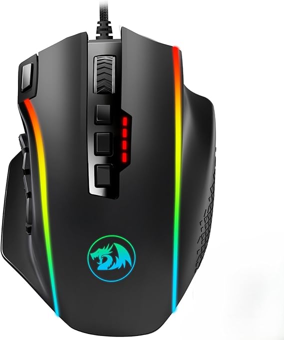 Redragon M901 Gaming Mouse RGB Backlit MMO 19 Macro Programmable Buttons with Weight Tuning Set, 12400 DPI for Windows PC Computer (Wired, Black)