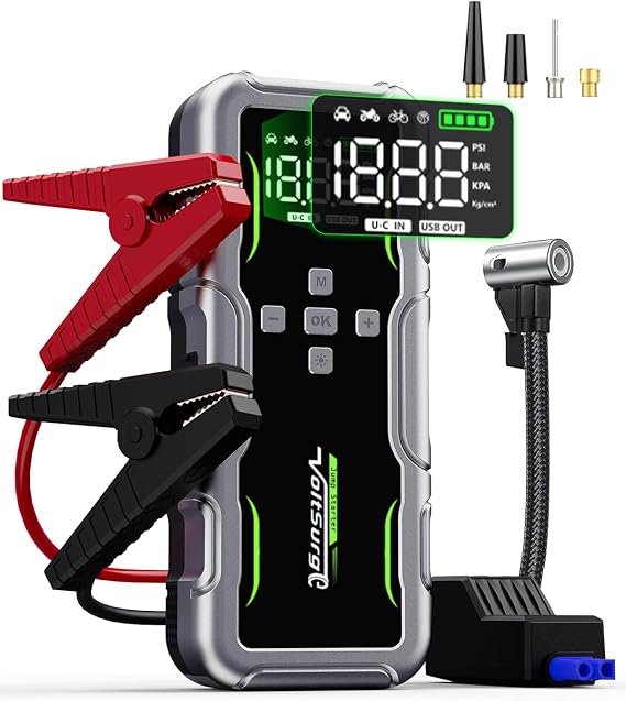 8000A Jump Starter with Air Compressor, 12V Portable Battery Jumper Starter Pack(All Gas/10.0L Diesel) for Car, Jump Box with 150PSI Auto Tire Inflator, LCD Display & Lights