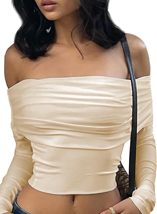 Xineicy Women's Off Shoulder Long Sleeve Tops Sexy Y2K Crop Top Going Out T-Shirt