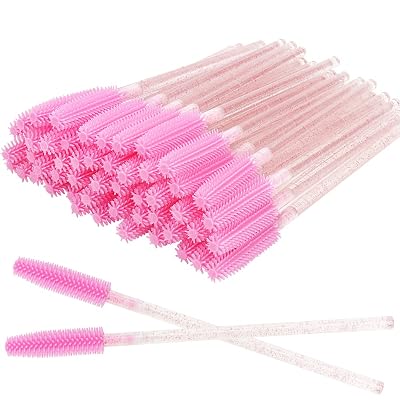 Pack of 100 Disposable Silicone Eyelash Extension Spoolie Brush Mascara Brushes Wands Applicator crystal all pink