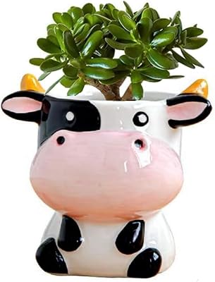 Ceramic Succulent Plant Pot Cactus Plant Pot Flower Pot Container Planter with Drainage Hole Home Office Desk Garden Gift Idea Animal Shaped Flower Pot Cute Vase Pot Sit Down Cow