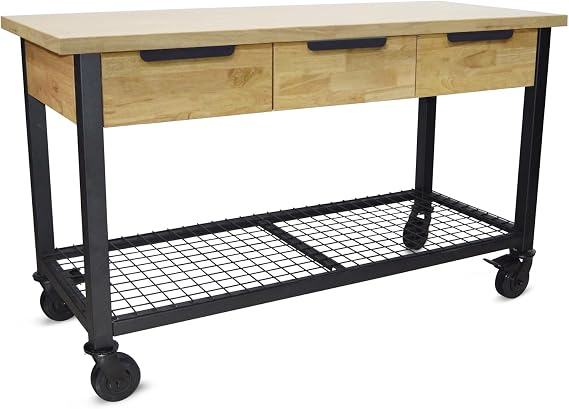 DURAMAX Rove 62 in W x 24 in D 3-Drawer Maple Rubberwood Mobile Workbench with Solid Wood Top 68004