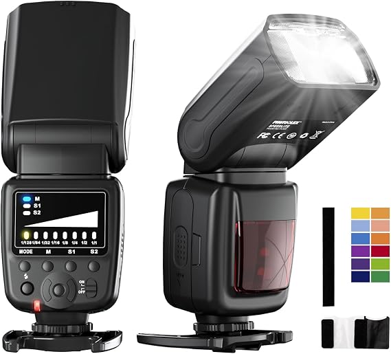 PHOTOOLEX Camera Flash Speedlite FK300, GN33, Manual S1/S2 Wireless | Universal single-contact hot shoe for Canon Nikon Sony Fujifilm Olympus. 8-level power. Metal mount