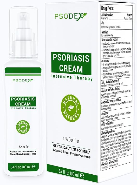 PSODEX Psoriasis Cream 3.4fl oz Topical Psoriasis Treatment with Coal Tar, Salicylic Acid, Tea Tree Oil, Aloe Vera All-Natural Ingredients Soothing and Moisturizing Coal Tar Psoriasis Cream