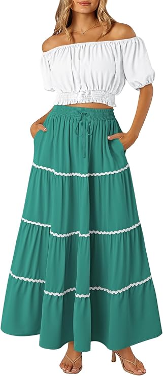 HUUSA 2026 Summer 2 Piece Boho Outfits for Women Short Sleeve Off Shoulder Crop Top and High Waist Flowy Long Skirt Set