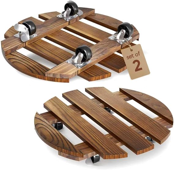 2 Pack 12 IN Wood Plant Caddy, 360 Lock Wheels Indoor Outdoor Heavy Stand