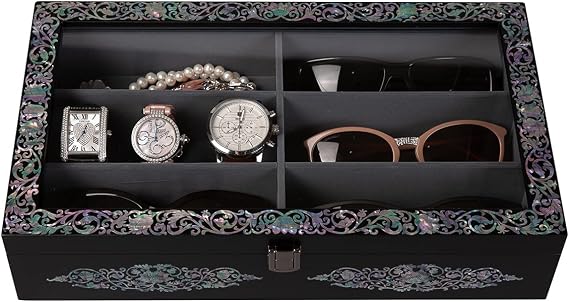 Mother of Pearl Wood Sunglasses Box Eyeglasses Valet Display Storage Case for Glasses, Watches, Jewelry, Trinkets Wooden Accessory Organizer Gift (Arabesque Black)