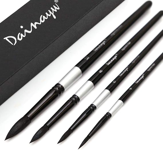 Round Watercolor Paint Brushes 4Pcs Squirrel Hair Professional Brush for Artist Painting Watercolors, Acrylics, Inks,Gouache and Tempera, Black Handle