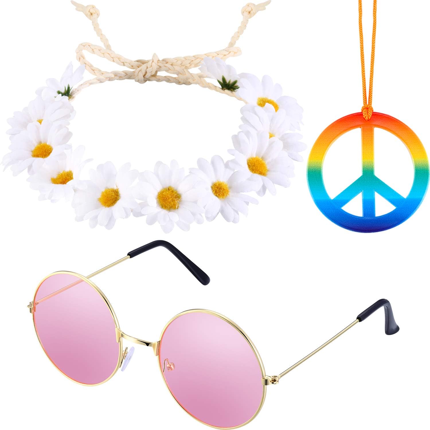 Tatuo 3 Pieces Hippie Costume Accessories Set Includes 70s Rainbow Peace Sign Necklace, Flower Crown Headband and Hippie Sunglasses 60s Dressing Accessory for Halloween Women Men