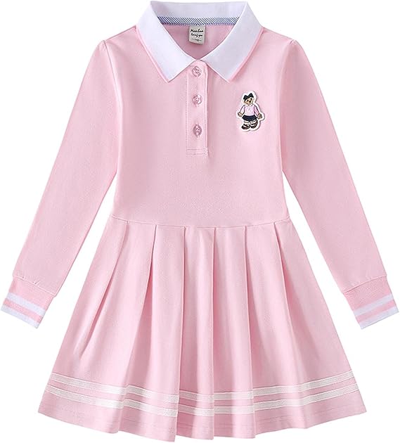 Girls' Uniform Cotton Long-Sleeved A-line Dress Children's School Polo Lapel Dark Blue School Uniform 3-12 Years Old
