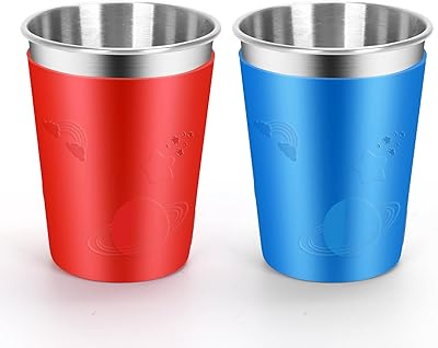 ShineMe Stainless Steel Cups, 12oz Metal Cup Set of 2 for Kids and Adults with Silicone Sleeves, Stackable Toddler Open Cups for Drinking with Detachable Fun Color Covers for Boys and Girls