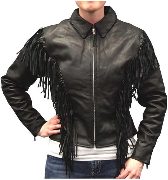 Redline Women's Mid-Weight Fringe Goat Leather Motorcycle Jacket, Black L-3225