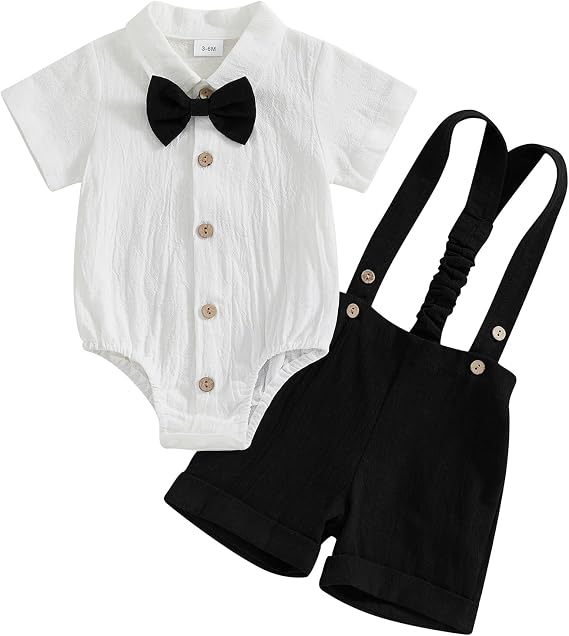 Newborn Baby Boy Gentleman Outfit Suit Short Sleeve Romper Suspender Shorts