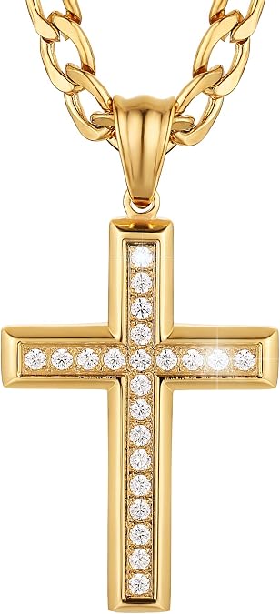 HZMAN 24K Gold-Plated Solid CZ Cross Necklace for Men Women Stainless Steel Religion Jewelry with 24 Inch Figaro Chain