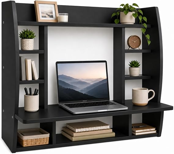 Basicwise Wall Mount Laptop Office Desk with Shelves, Black,
