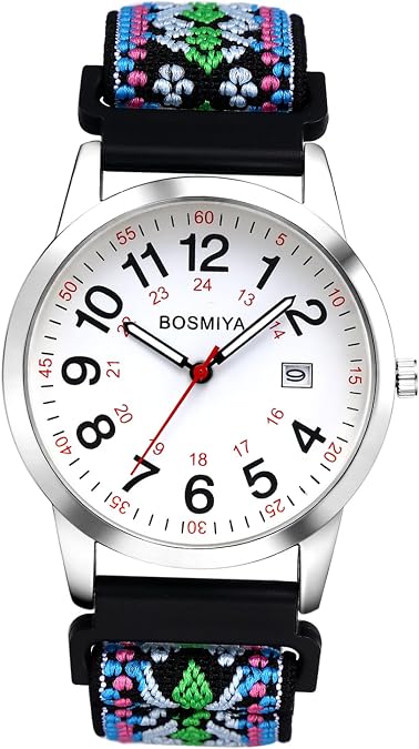 JewelryWe Unisex Braided Elastic Watch: 24-Hour Format Easy-to-Read Calendar Dial Quartz Wristwatch for Father's Day