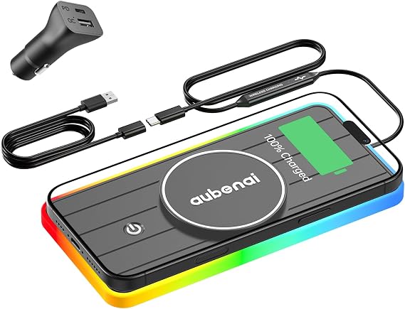 Magnetic Wireless Car Charger Pad, Aubenai 15W RGB Fast Wireless Charging Pad Non Slip Charging Mat with 70cm Extension Cable Compatible with Magsafe Charger iPhone 16 15 14 13 12 (Extension USB-A)
