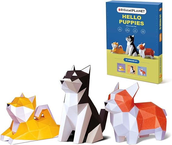 Hello Puppies 3D Origami Paper Craft Gift Set- 3 pcs, Husky/Corgi/Shiba Inu Pre-Cut Origami Kit, Cute Animal Paper Sculpture for Teens & Adults, Home Decor DIY Art Gift for Birthday