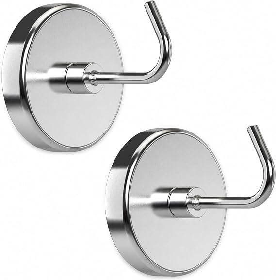 PRIMADA Extra Strong Magnetic Hooks (2 Pack, Chrome) Heavy Duty Neodymium Magnet Hooks for Refrigerator, Cruise Cabins, Grill & Garage Storage